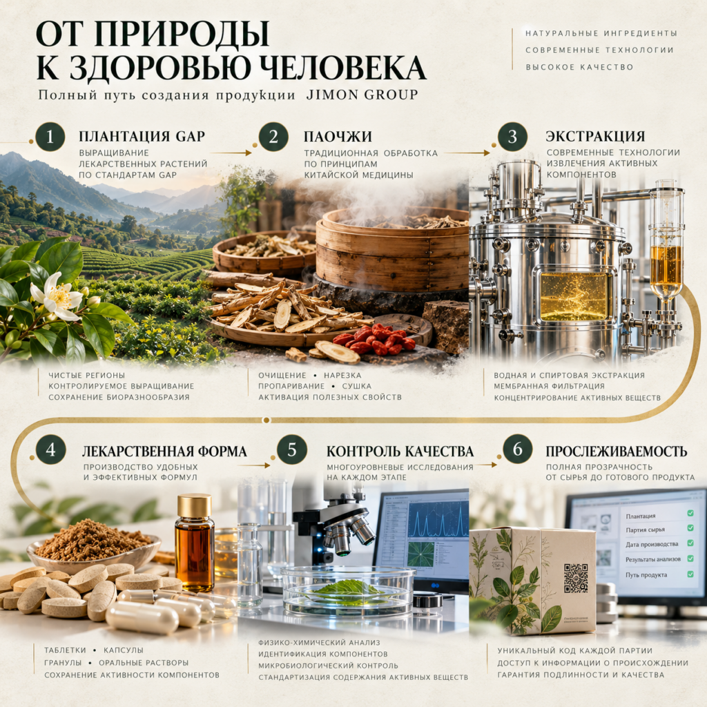 Схема производственного цикла JIMON GROUP от GAP-плантаций до готового продукта и контроля качества