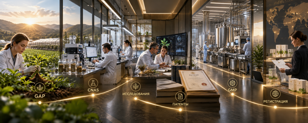 Визуальная схема пути JIMON GROUP от контролируемого сырья GAP через анализ, исследования, патенты и GMP-производство к регистрации продукта.