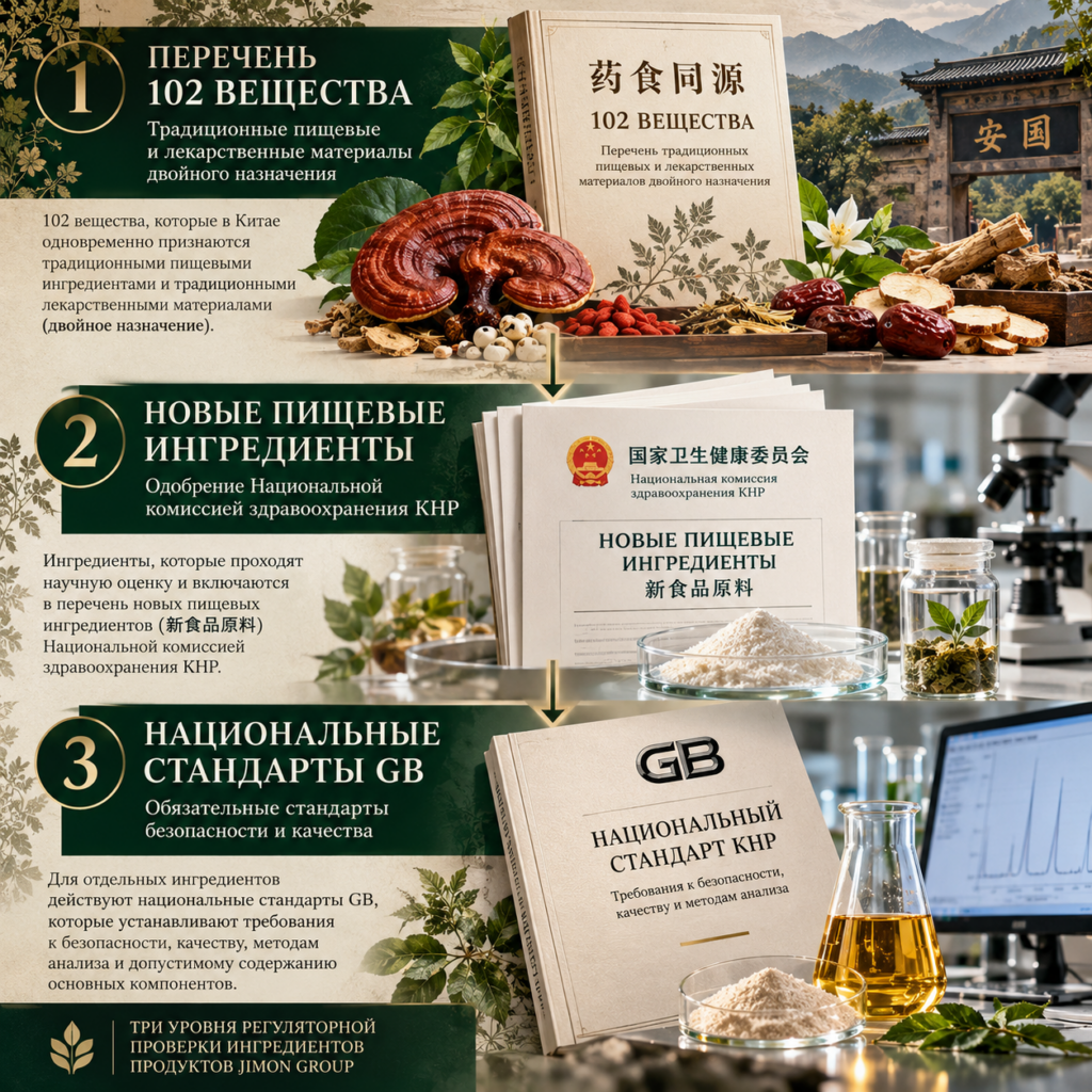 Три регуляторных слоя ингредиентов продуктов JIMON GROUP: перечень 102 веществ, новые пищевые ингредиенты и национальные стандарты GB